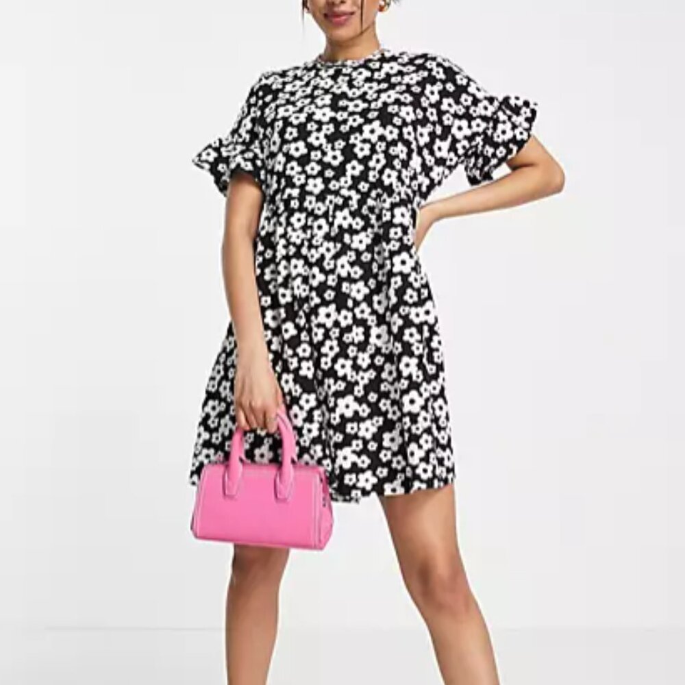 Black and white floral smock dress